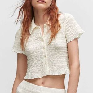 Mango Women's Cream Textured Button-Up Top